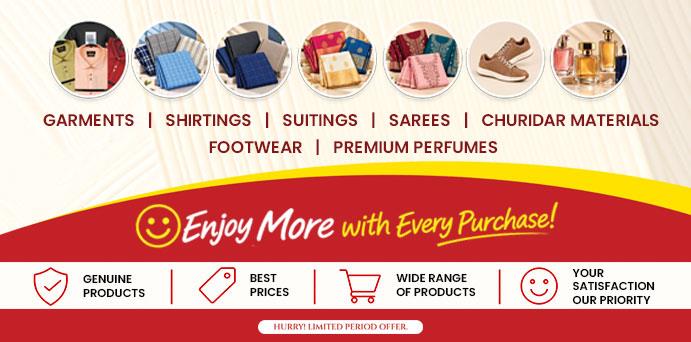 Promotional banner featuring clothing, footwear, and perfumes with the headline "Enjoy More with Every Purchase!"